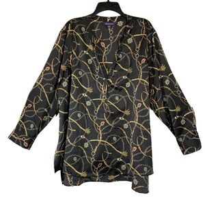 Roaman's women's size 22W black tassel chain jewel print blouse popover v neck